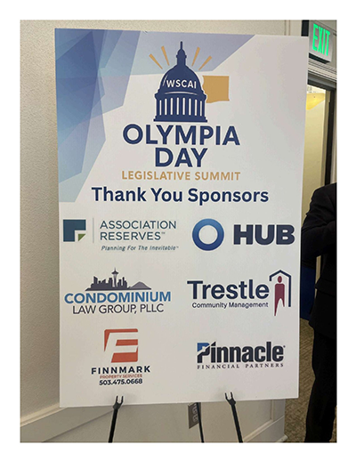 WSCAI Olympia Day Legislative Summit sponsor board listing Association Reserves, HUB, Condominium Law Group PLLC, Trestle Community Management, Finnmark Property Services, and Pinnacle Financial Partners